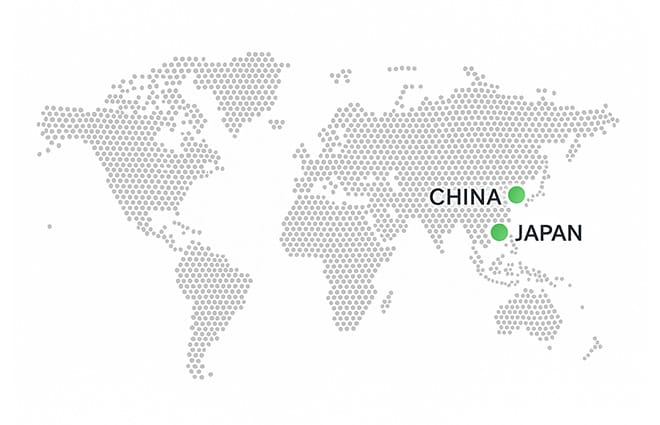 World map with China & Japan
